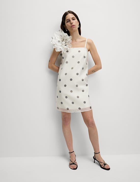 Robe droite mini en lin à col carré et pois