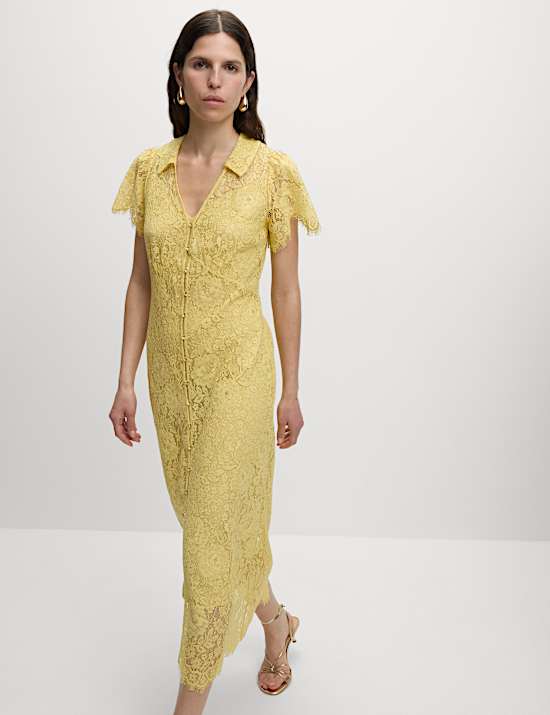 שמלת תה מידי עם כפתורים לכל האורך, כותנה ותחרה