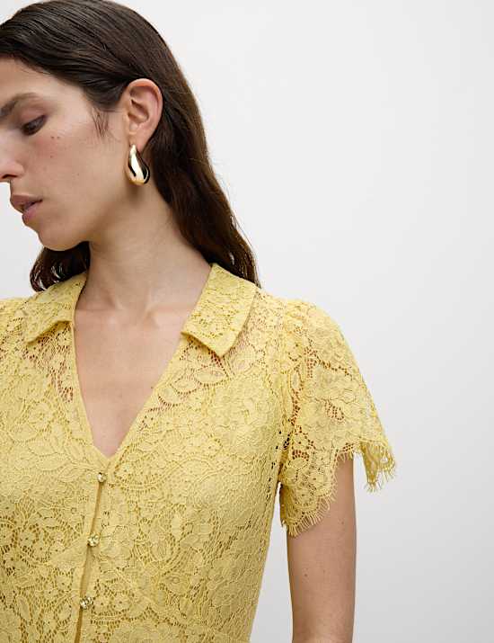 שמלת תה מידי עם כפתורים לכל האורך, כותנה ותחרה