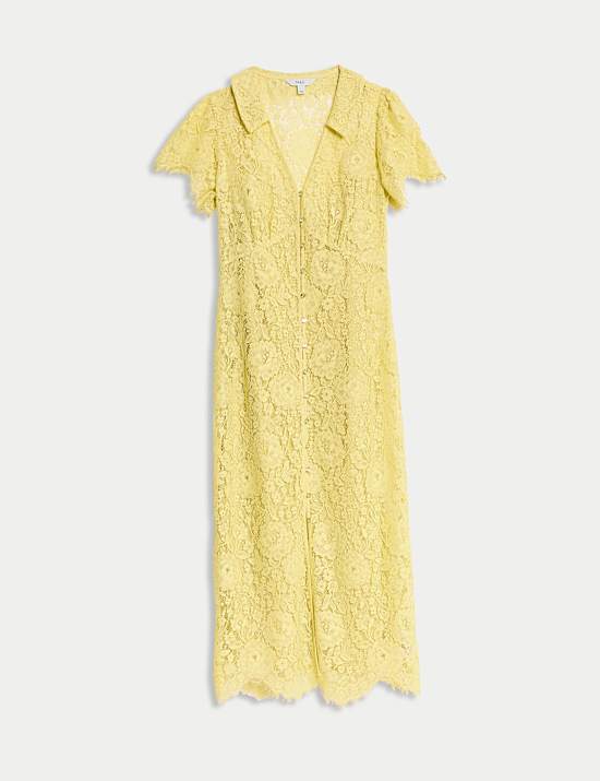 שמלת תה מידי עם כפתורים לכל האורך, כותנה ותחרה