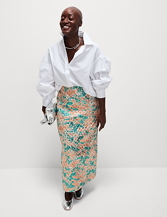 Doorgestikte metallic midaxi-kokerrok