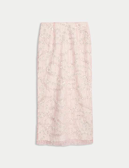 Sequin Floral Midi Slip Skirt
