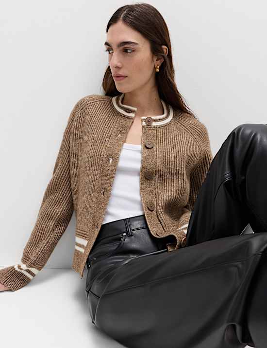 Cloud-Yarn Crew Neck Tipped Detail Cardigan