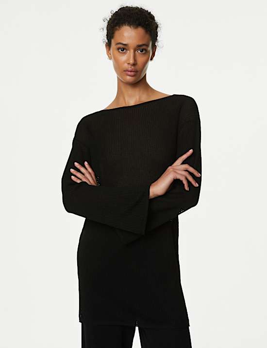 Ribbed Slash Neck Longline Jumper