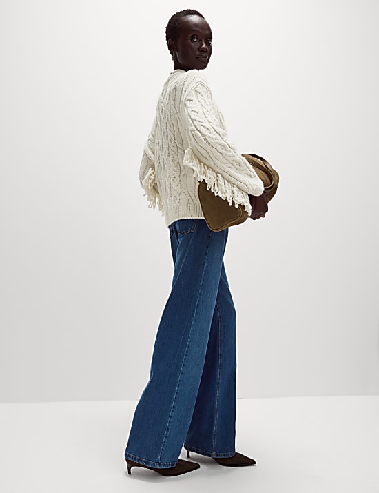 Cable Knit V-Neck Fringe Cardigan