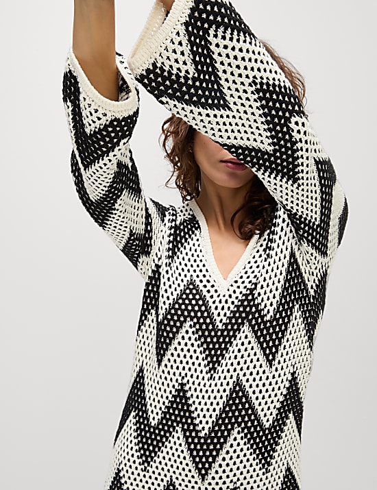 Robe midi en maille de coton m&eacute;lang&eacute; &agrave; col en V