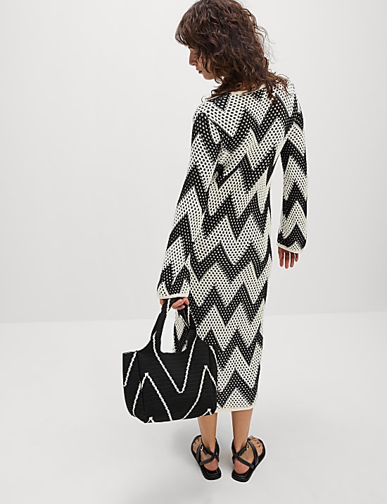 Robe midi en maille de coton m&eacute;lang&eacute; &agrave; col en V