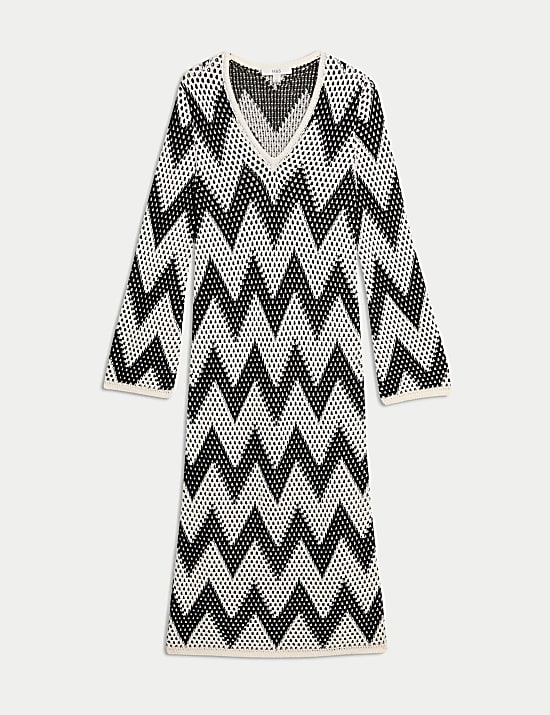 Robe midi en maille de coton m&eacute;lang&eacute; &agrave; col en V