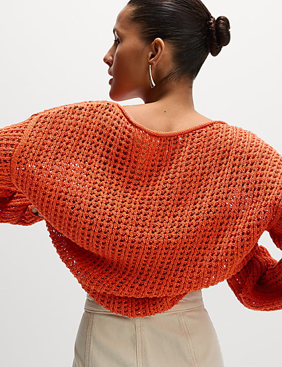 Cotton Blend Crew Neck Short Jumper