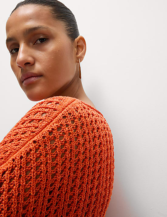 Cotton Blend Crew Neck Short Jumper