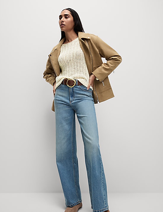 Cotton Blend Crew Neck Short Jumper