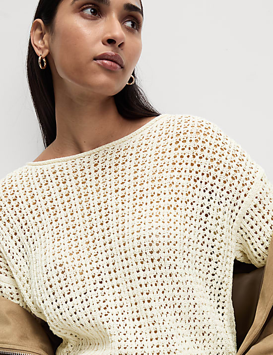 Cotton Blend Crew Neck Short Jumper