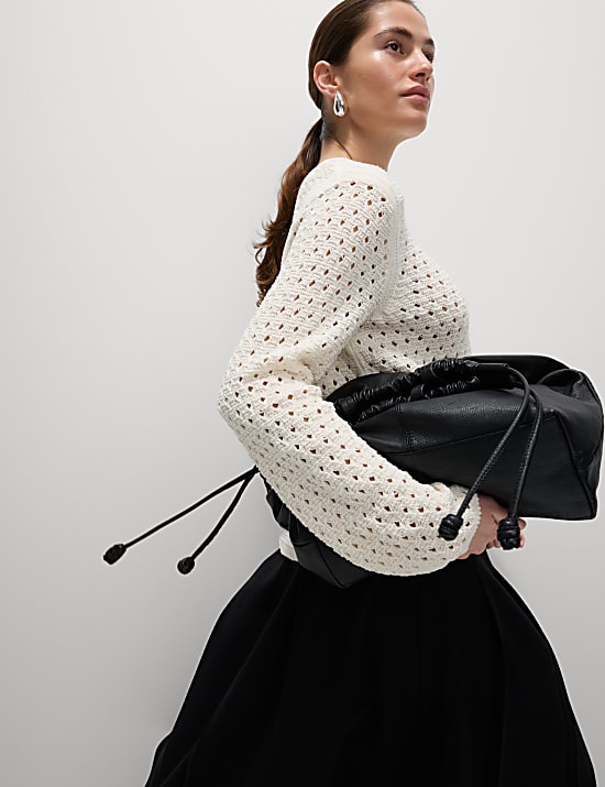 Cotton Blend Textured Crew Neck Fringe Jumper