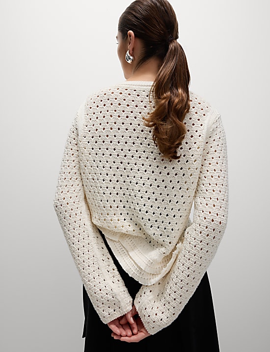 Cotton Blend Textured Crew Neck Fringe Jumper