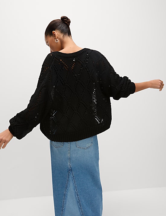 Cotton Blend Open Stitch Cropped Cardigan