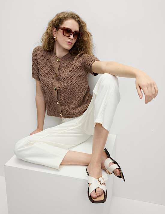 Cotton Blend Textured Button Front Cropped Cardigan