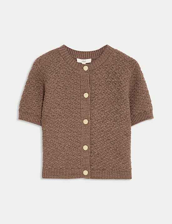 Cotton Blend Textured Button Front Cropped Cardigan