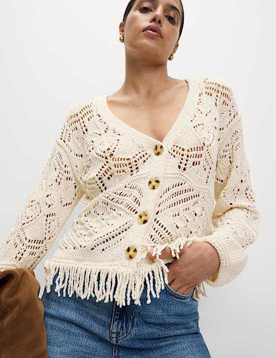 Cotton Blend Knitted V-Neck Fringe Cropped Cardigan