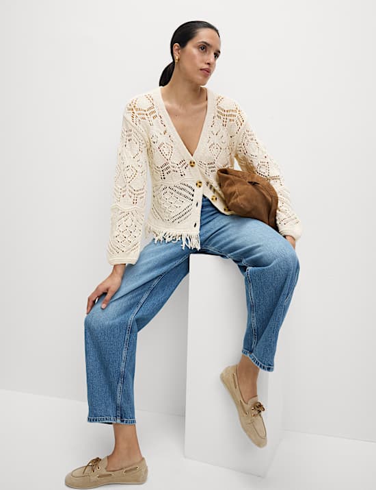 Cotton Blend Knitted V-Neck Fringe Cropped Cardigan