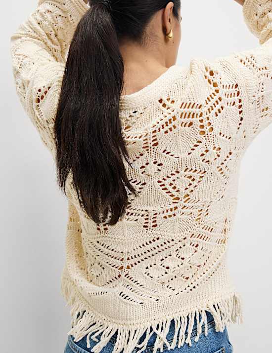 Cotton Blend Knitted V-Neck Fringe Cropped Cardigan