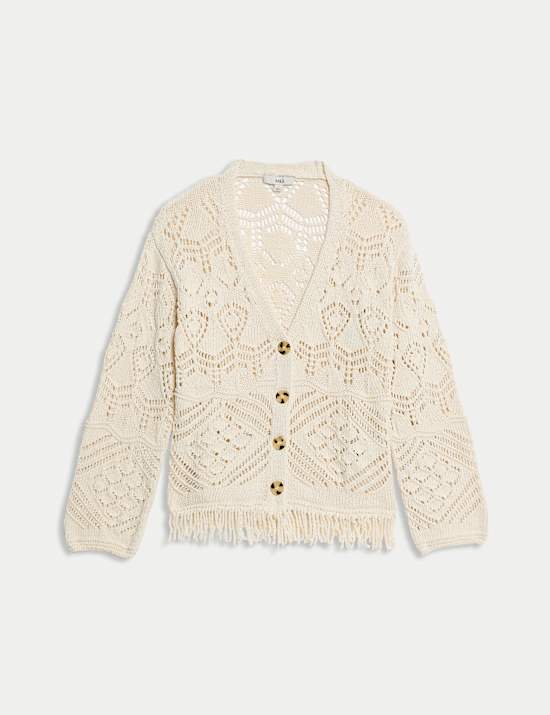 Cotton Blend Knitted V-Neck Fringe Cropped Cardigan