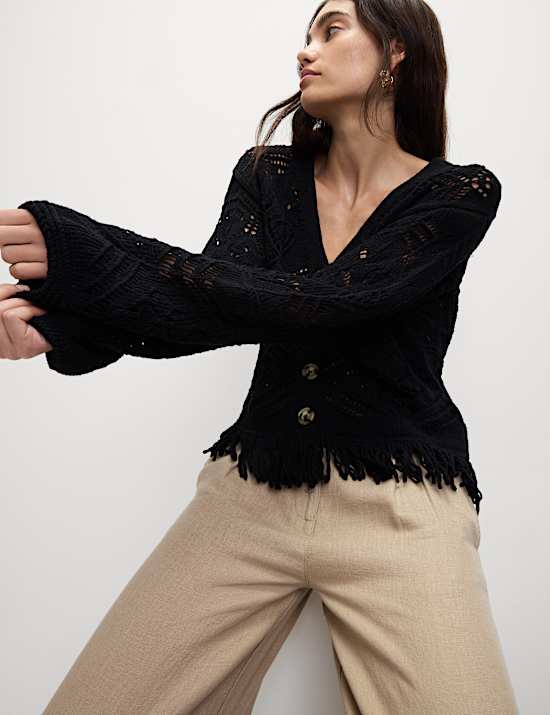 Cotton Blend Knitted V-Neck Fringe Cropped Cardigan