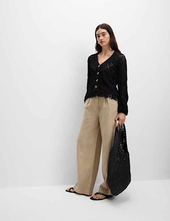 Cotton Blend Knitted V-Neck Fringe Cropped Cardigan