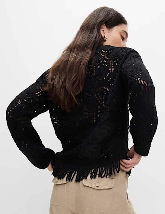 Cotton Blend Knitted V-Neck Fringe Cropped Cardigan