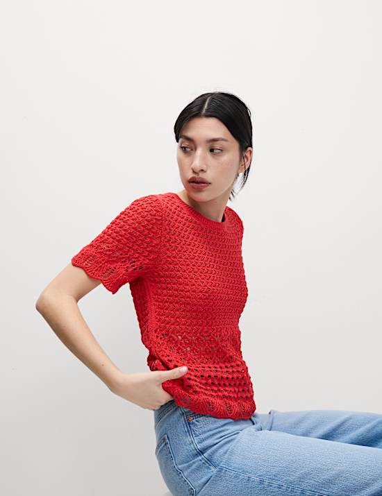 Cotton Blend Pointelle Scallop Edge Knitted Top