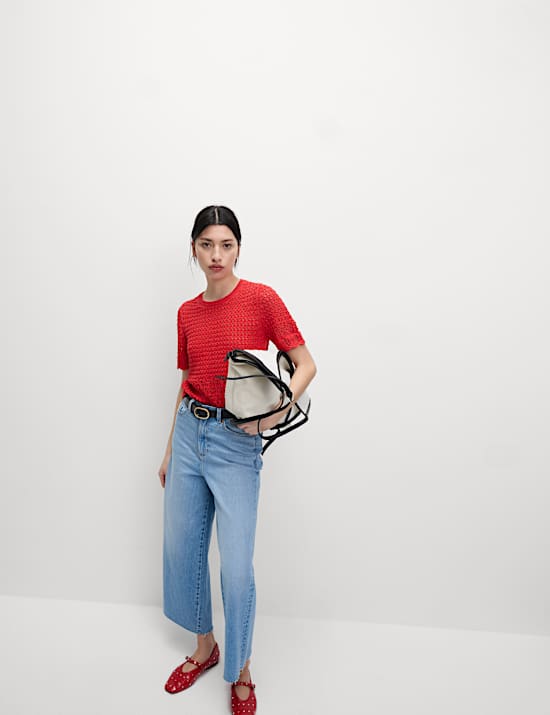 Cotton Blend Pointelle Scallop Edge Knitted Top