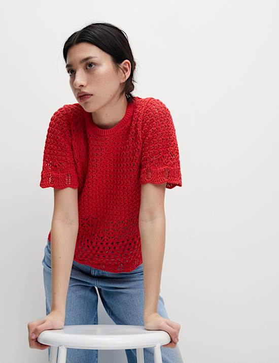 Cotton Blend Pointelle Scallop Edge Knitted Top