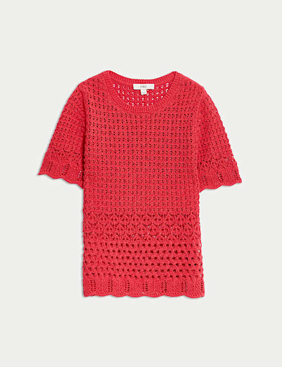 Cotton Blend Pointelle Scallop Edge Knitted Top