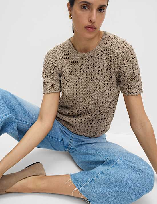 Cotton Blend Pointelle Scallop Edge Knitted Top