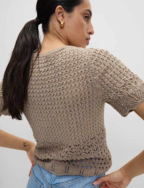 Cotton Blend Pointelle Scallop Edge Knitted Top