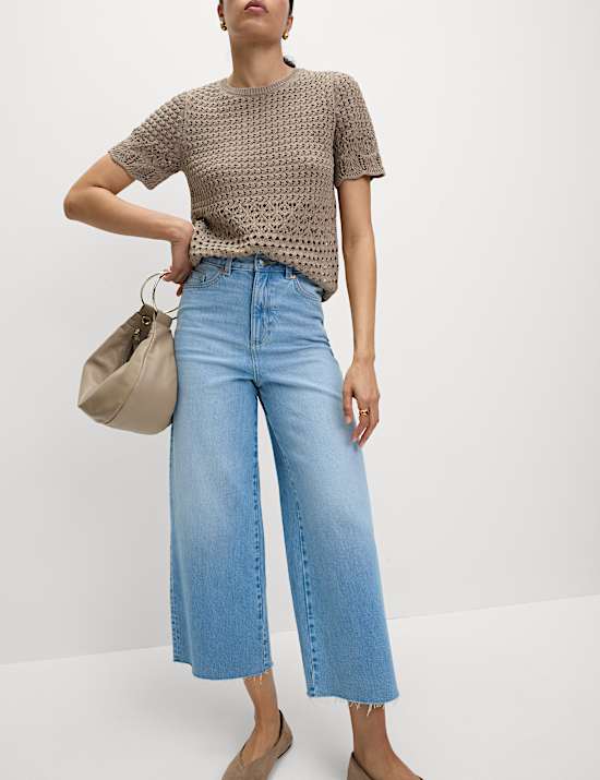 Cotton Blend Pointelle Scallop Edge Knitted Top