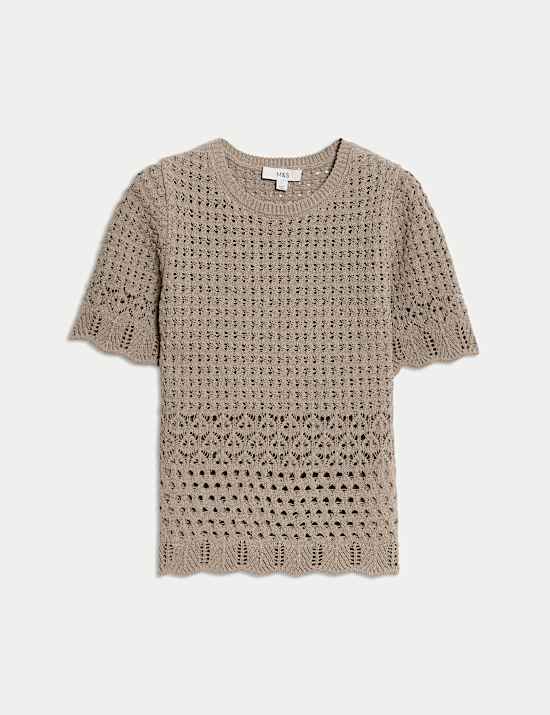 Cotton Blend Pointelle Scallop Edge Knitted Top