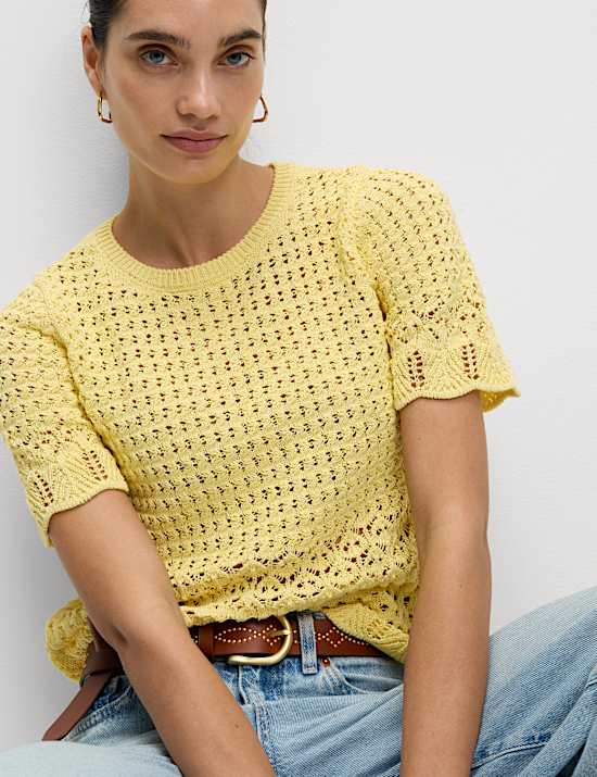 Cotton Blend Pointelle Scallop Edge Knitted Top