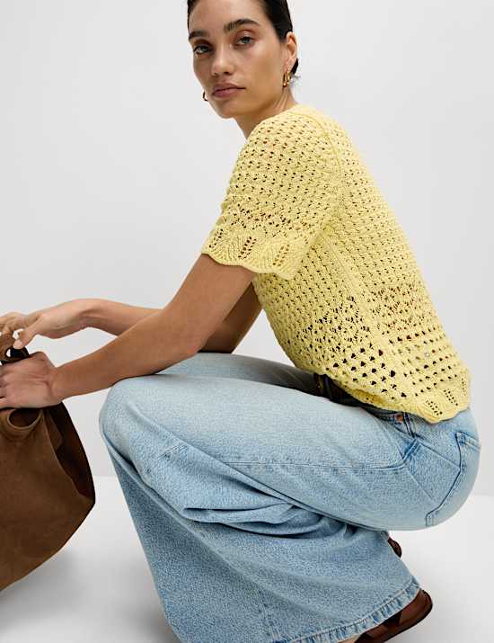 Cotton Blend Pointelle Scallop Edge Knitted Top