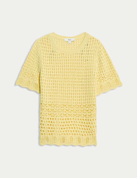 Cotton Blend Pointelle Scallop Edge Knitted Top