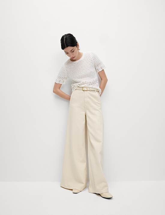 Top en coton m&eacute;lang&eacute; en maille pointelle &agrave; bords festonn&eacute;s