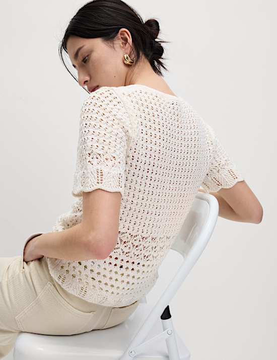 Top en coton m&eacute;lang&eacute; en maille pointelle &agrave; bords festonn&eacute;s