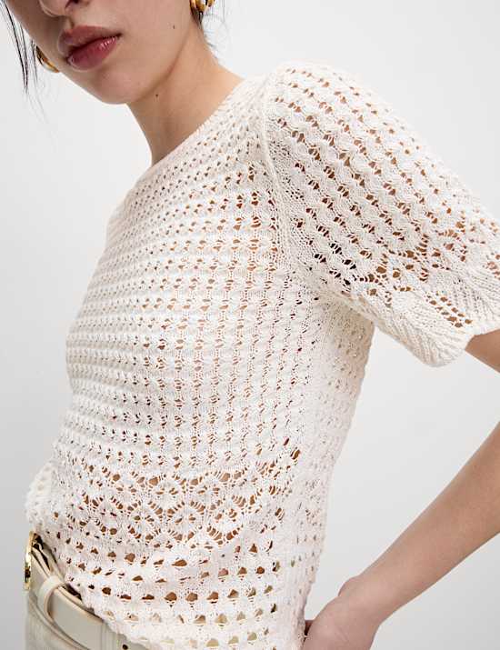 Top en coton m&eacute;lang&eacute; en maille pointelle &agrave; bords festonn&eacute;s