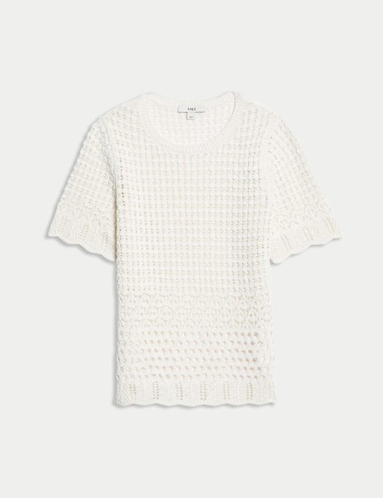 Top en coton m&eacute;lang&eacute; en maille pointelle &agrave; bords festonn&eacute;s