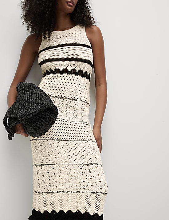 Cotton Blend Knitted Round Neck Midi Dress