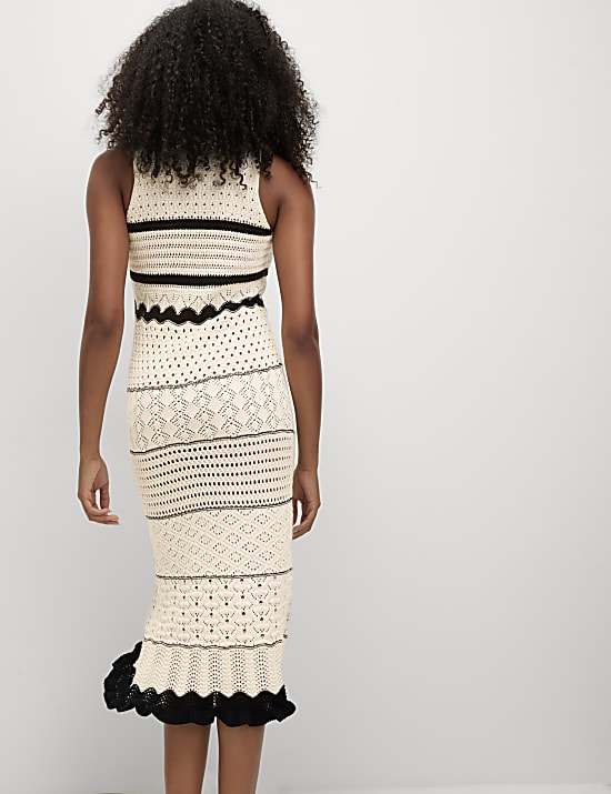 Cotton Blend Knitted Round Neck Midi Dress