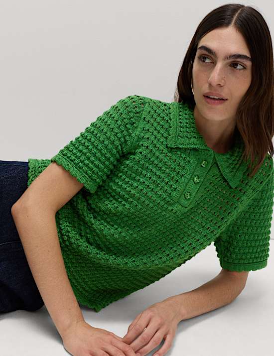 Cotton Rich Open Stitch Knitted Polo Top