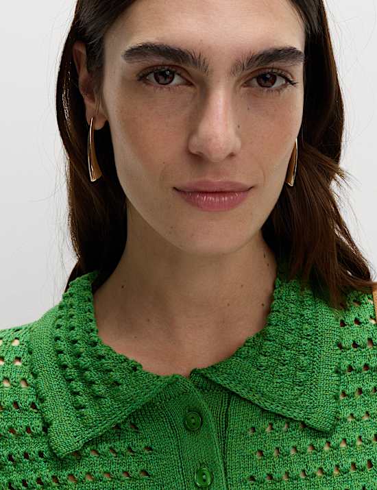 Cotton Rich Open Stitch Knitted Polo Top