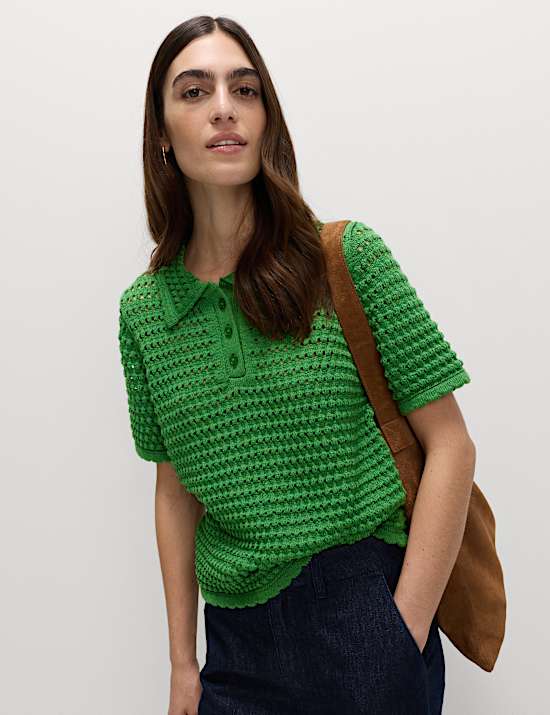 Cotton Rich Open Stitch Knitted Polo Top