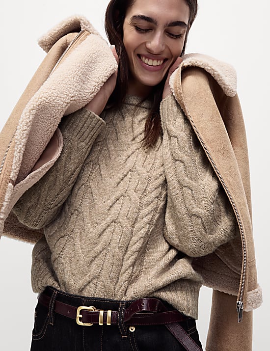 Cable Knit Crew Neck Jumper with Wool