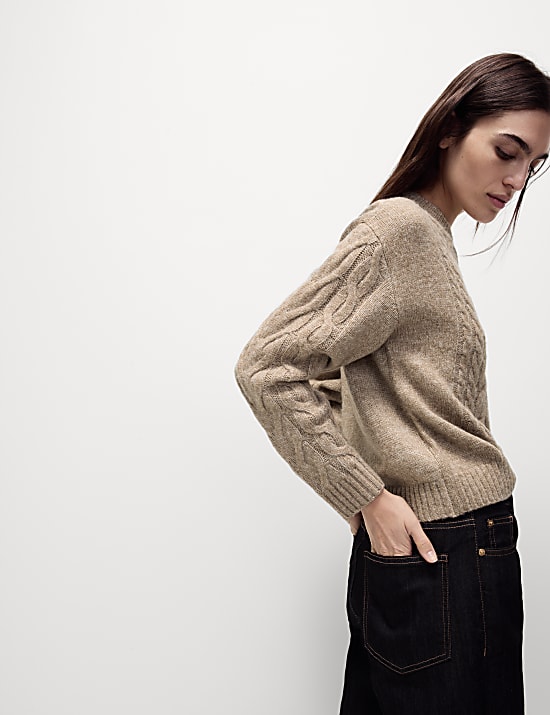 Cable Knit Crew Neck Jumper with Wool